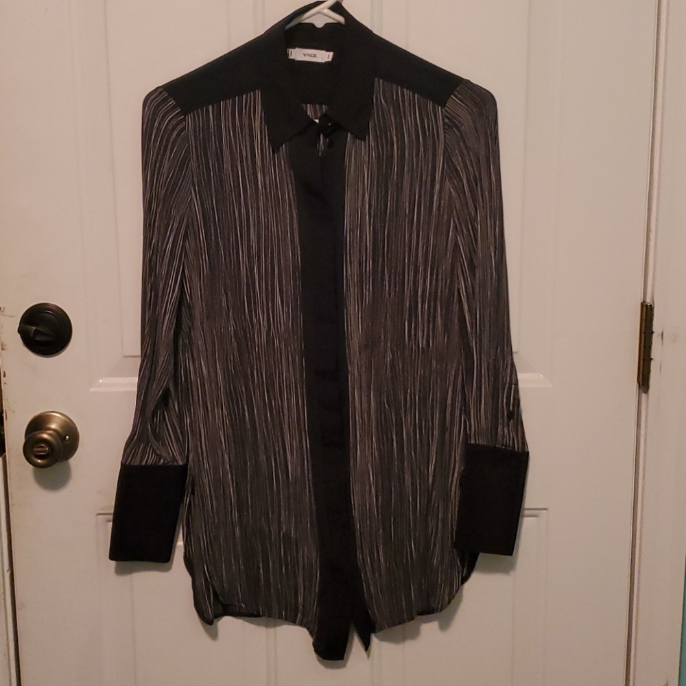 Vince black collared shirt with white stripes, XXS